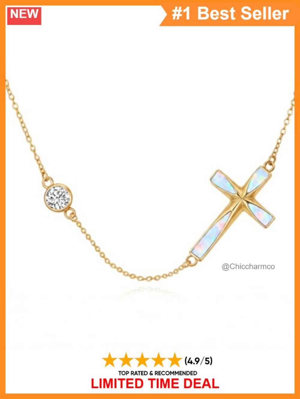 14K Gold Plated Sideways Cross Necklace with Opal Birthstone Pendant